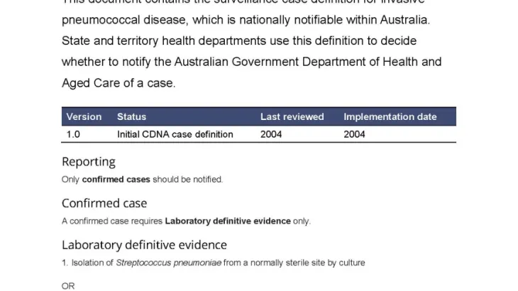 Invasive pneumococcal disease – Surveillance case definition document