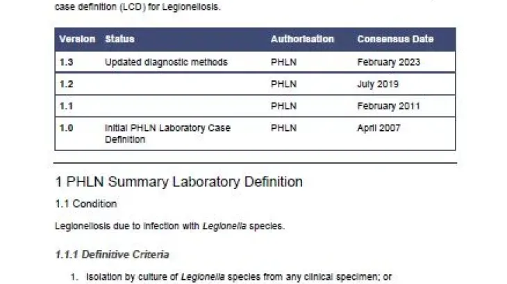 First page of laboratory case definition document
