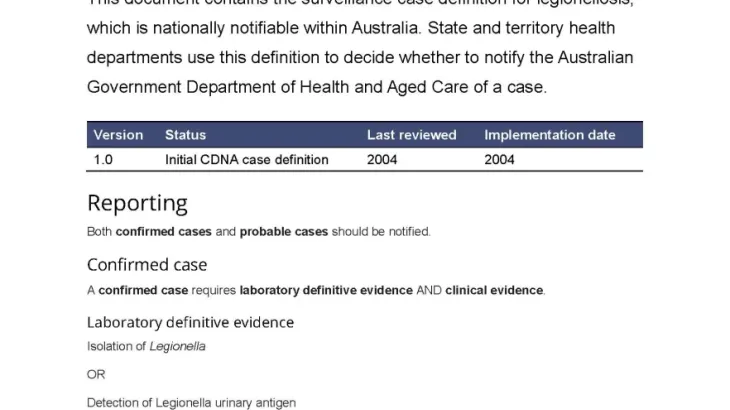 First page of surveillance case definition document