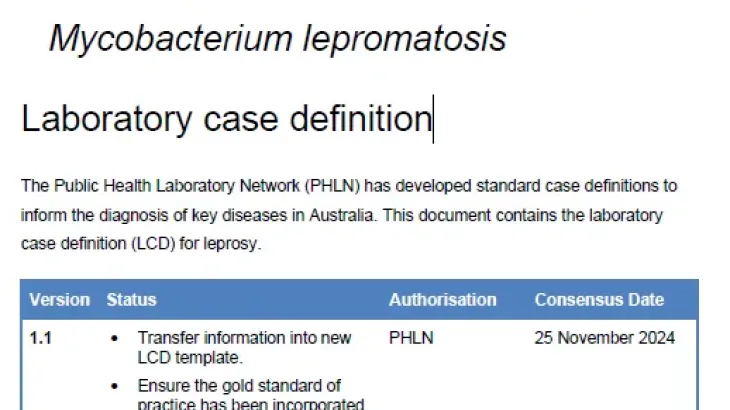 First page of laboratory case definition document