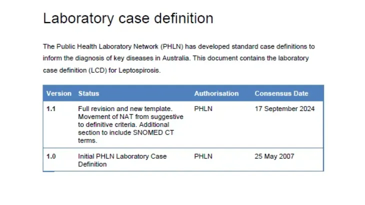 First page of laboratory case definition document