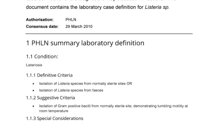 First page of laboratory case definition document