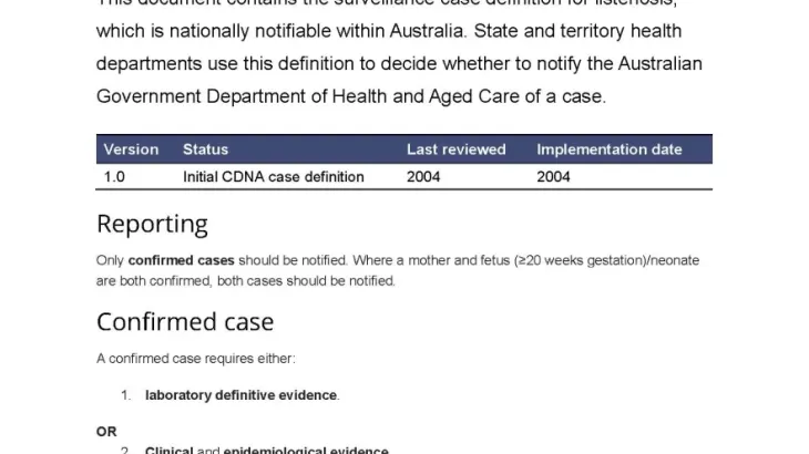 First page of surveillance case definition document