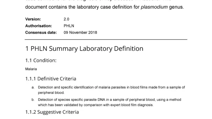 First page of laboratory case definition document