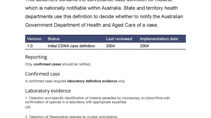 First page of surveillance case definition document
