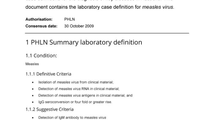 First page of laboratory case definition document