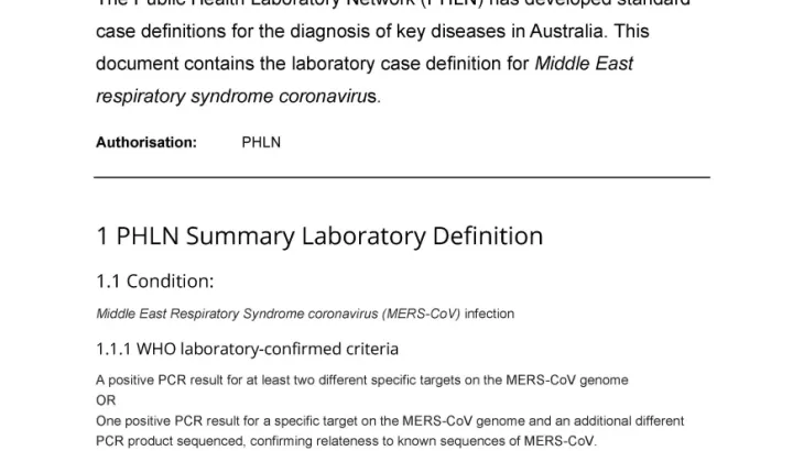 First page of laboratory case definition document