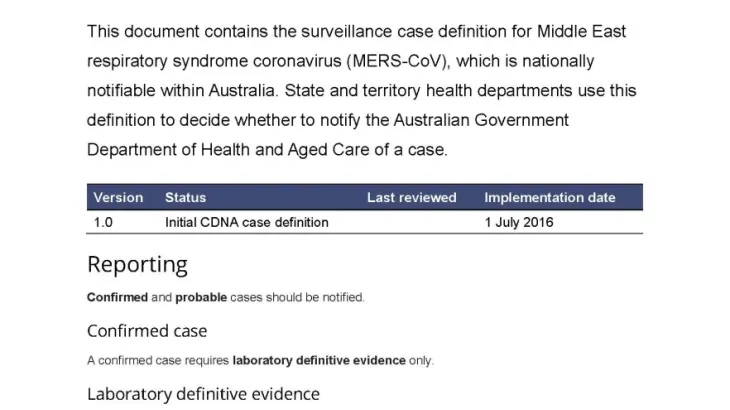 First page of surveillance case definition document