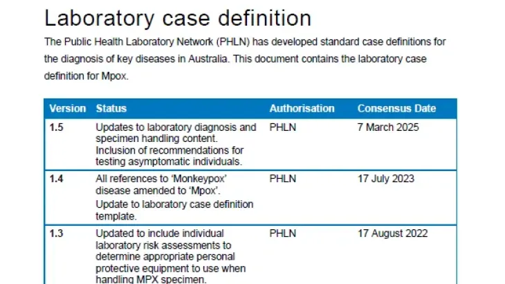 First page of laboratory case definition document
