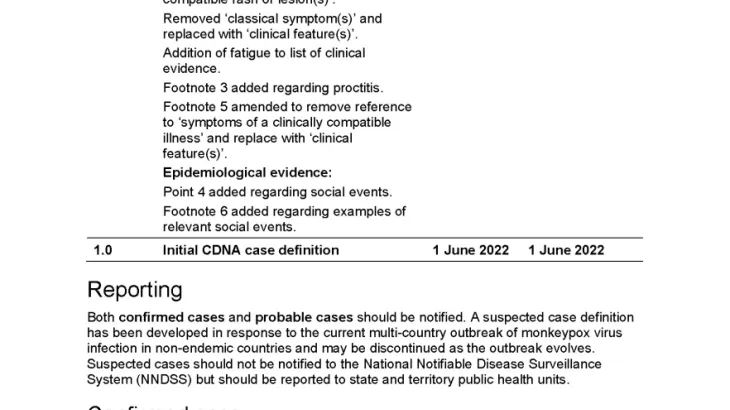 First page of surveillance case definition document