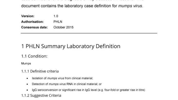 First page of laboratory case definition document