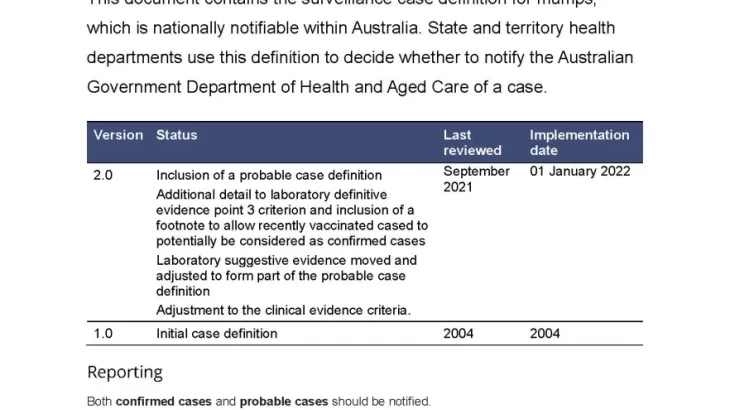 First page of surveillance case definition document