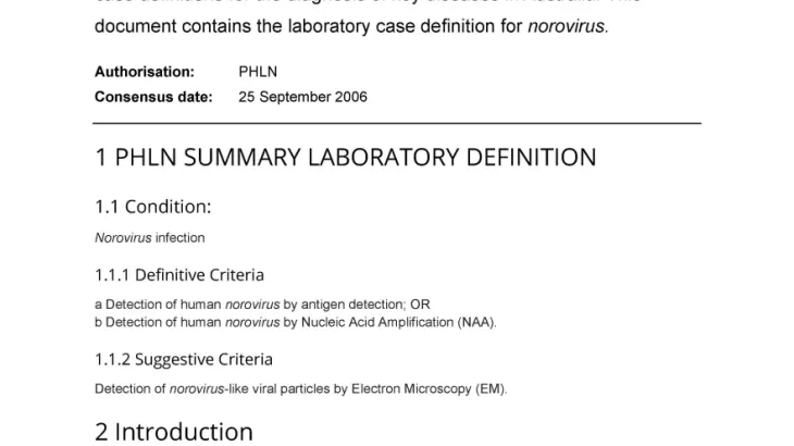 First page of laboratory case definition document