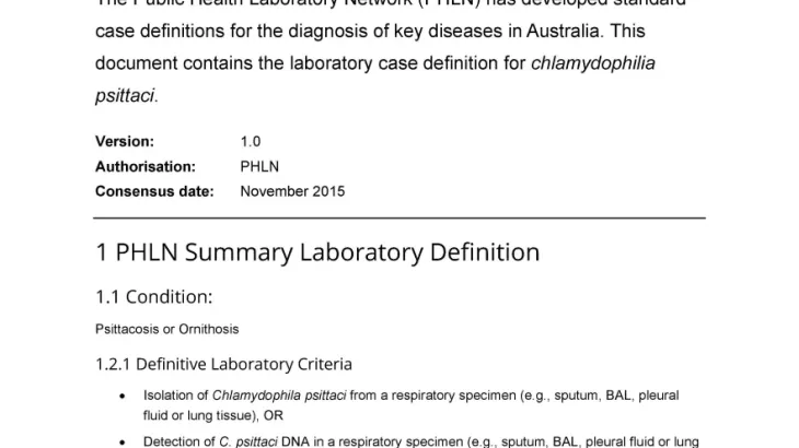 First page of laboratory case definition document