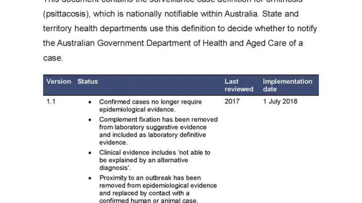 First page of surveillance case definition document