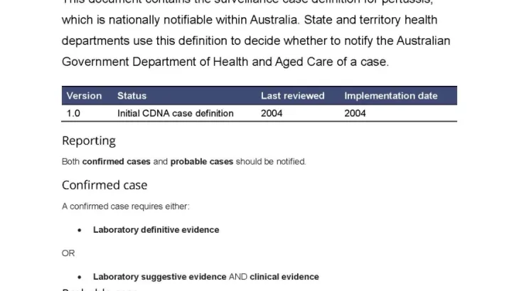 First page of surveillance case definition document