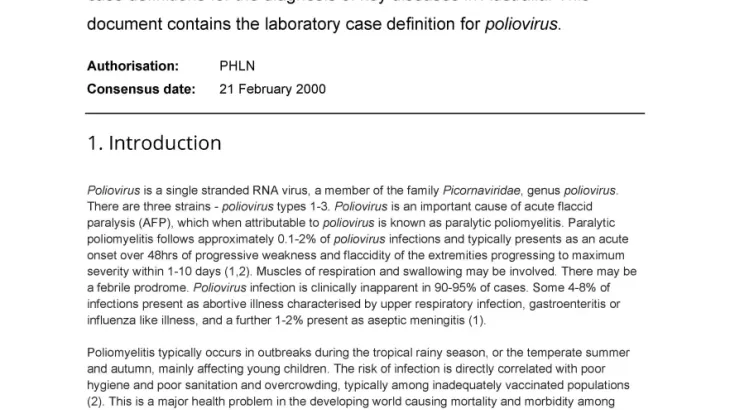 First page of laboratory case definition document