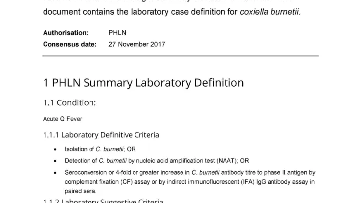 First page of laboratory case definition document