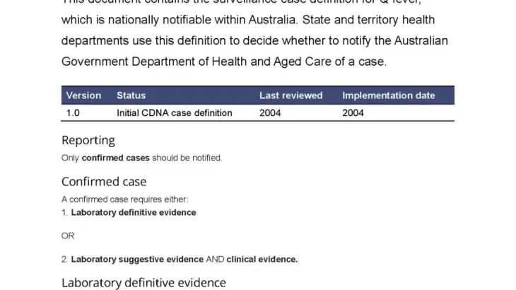 First page of surveillance case definition document