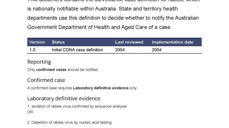 First page of surveillance case definition document