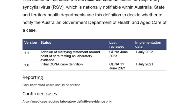 First page of surveillance case definition document