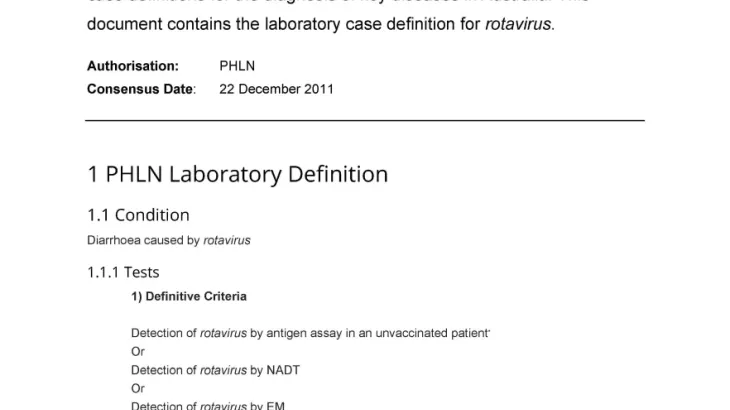 First page of laboratory case definition document