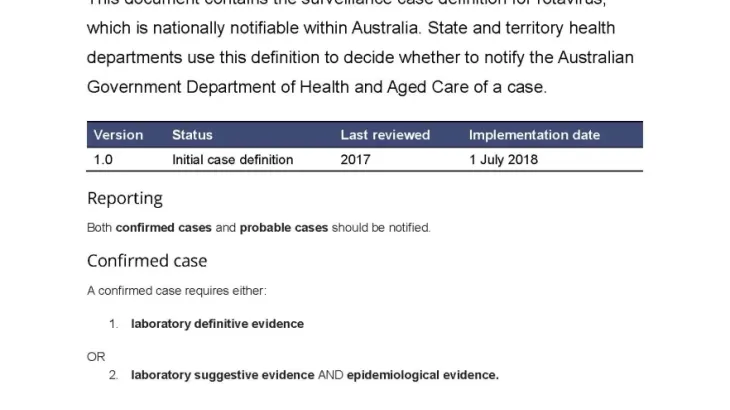 First page of surveillance case definition document