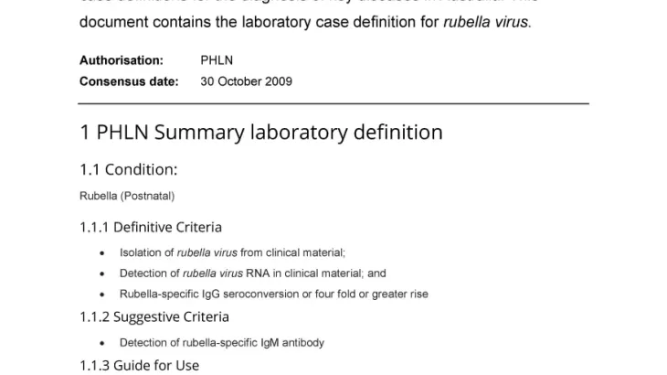 First page of laboratory case definition document