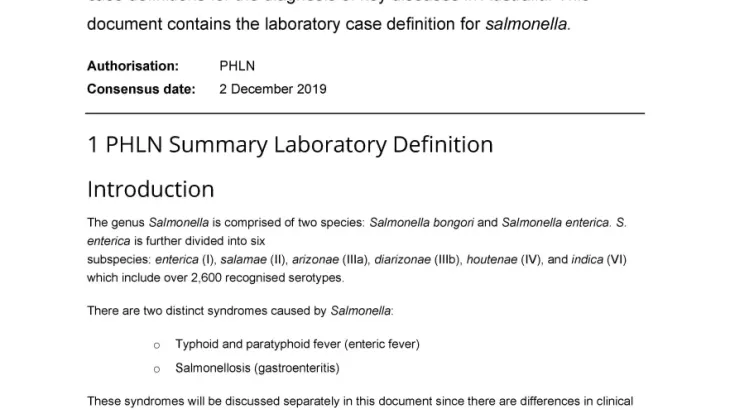 First page of laboratory case definition document