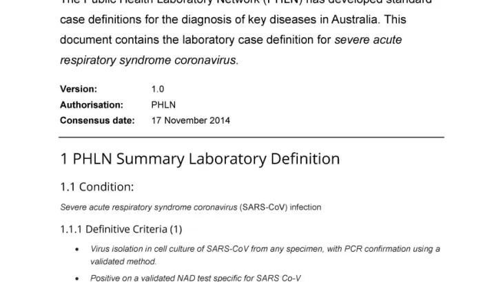 First page of laboratory case definition document
