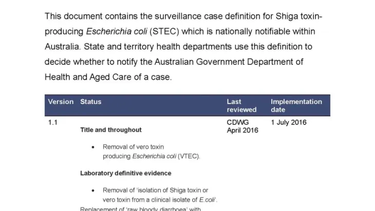 First page of surveillance case definition document