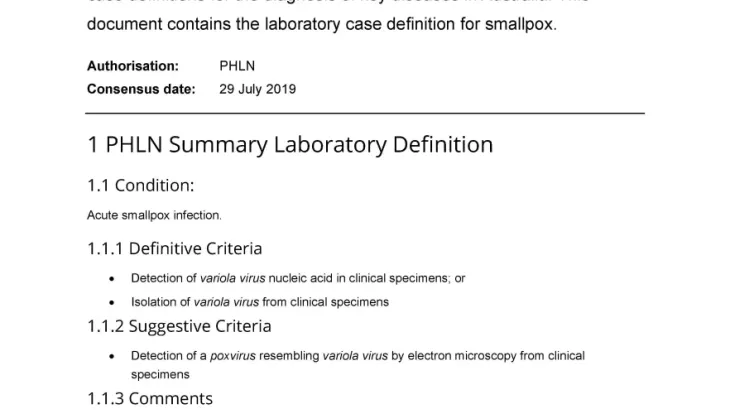 First page of laboratory case definition document