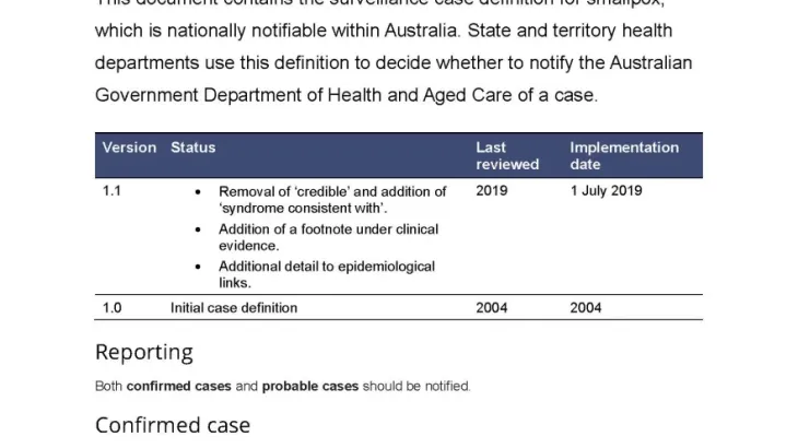 First page of surveillance case definition document