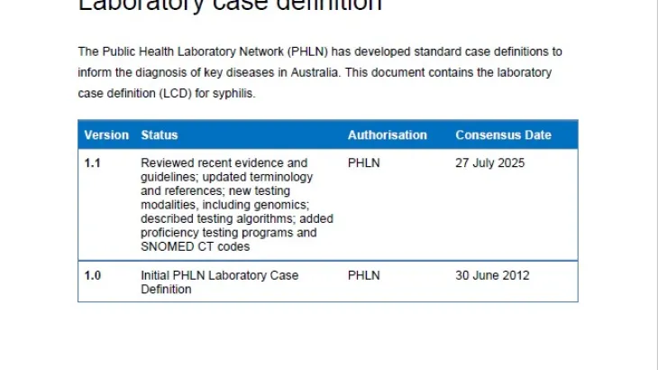 First page of laboratory case definition document