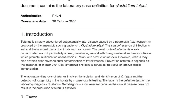 First page of laboratory case definition document