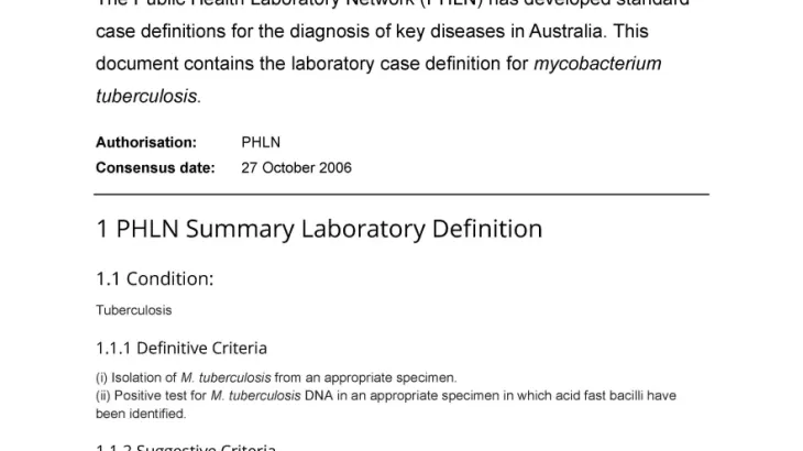 First page of laboratory case definition document