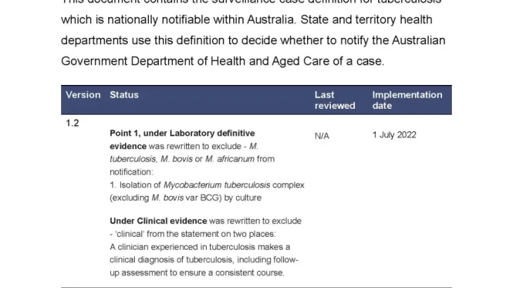 First page of surveillance case definition document
