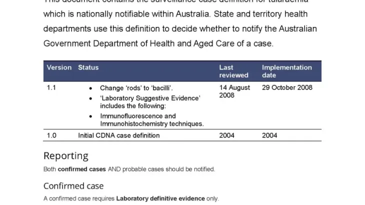 First page of surveillance case definition document
