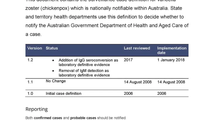 First page of surveillance case definition document