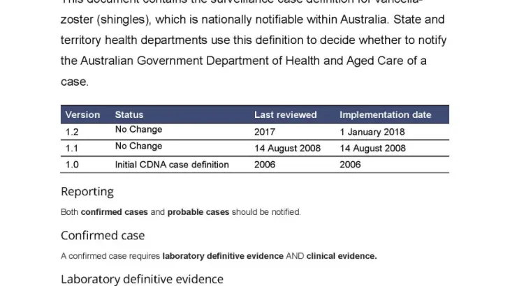 First page of surveillance case definition document