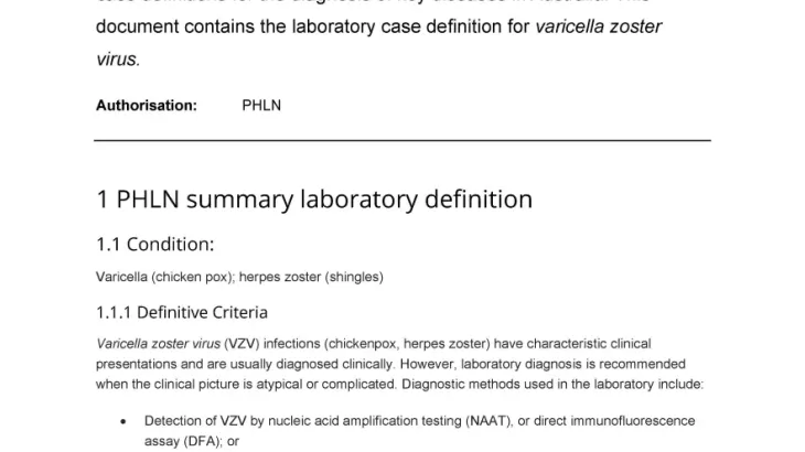 First page of laboratory case definition document
