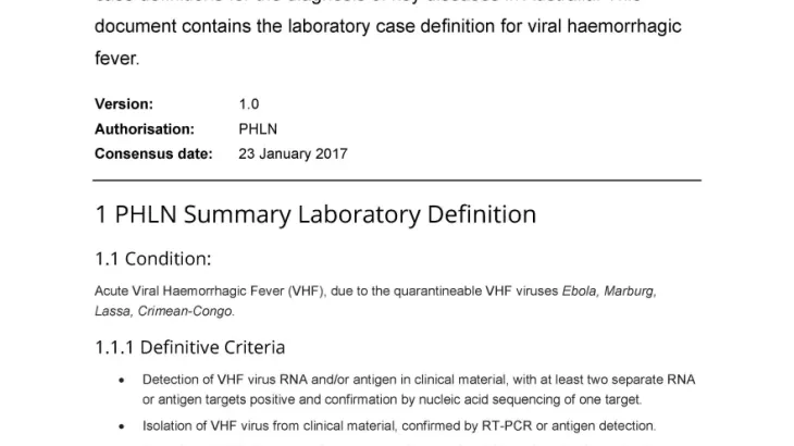 First page of laboratory case definition document