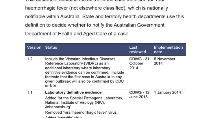 First page of surveillance case definition document