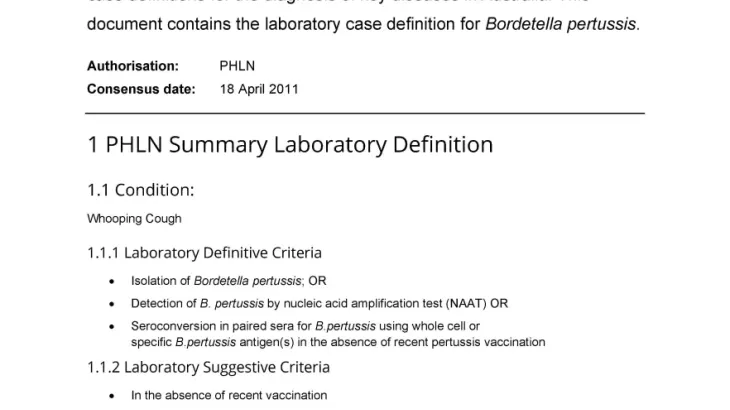 First page of laboratory case definition document