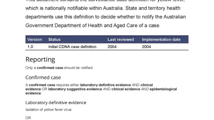 Yellow fever surveillance case definition first page