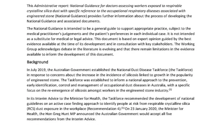 National guidance for doctors assessing workers exposed to respirable crystalline silica dust – Administrative report