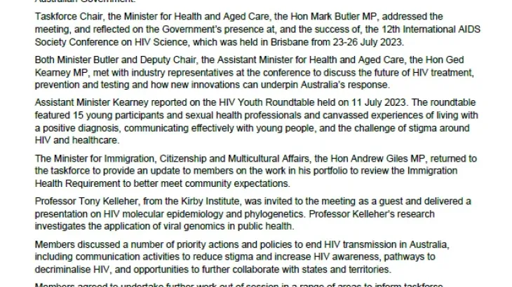 Human immunodeficiency virus (HIV) Taskforce communique – 11 August 2023