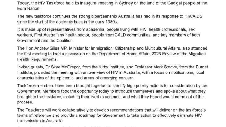 Human immunodeficiency virus (HIV) Taskforce communique – 3 May 2023