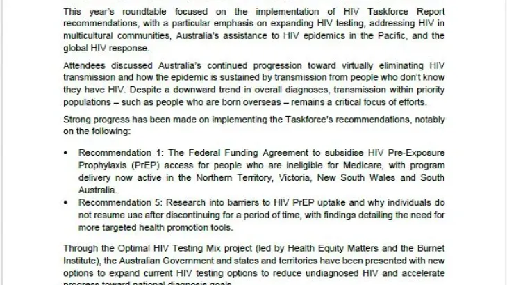 Human immunodeficiency virus (HIV) Taskforce Roundtable communique – 17 October 2025