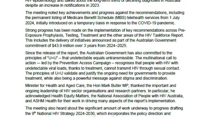 Human immunodeficiency virus (HIV) Taskforce Roundtable communique – 23 October 2024